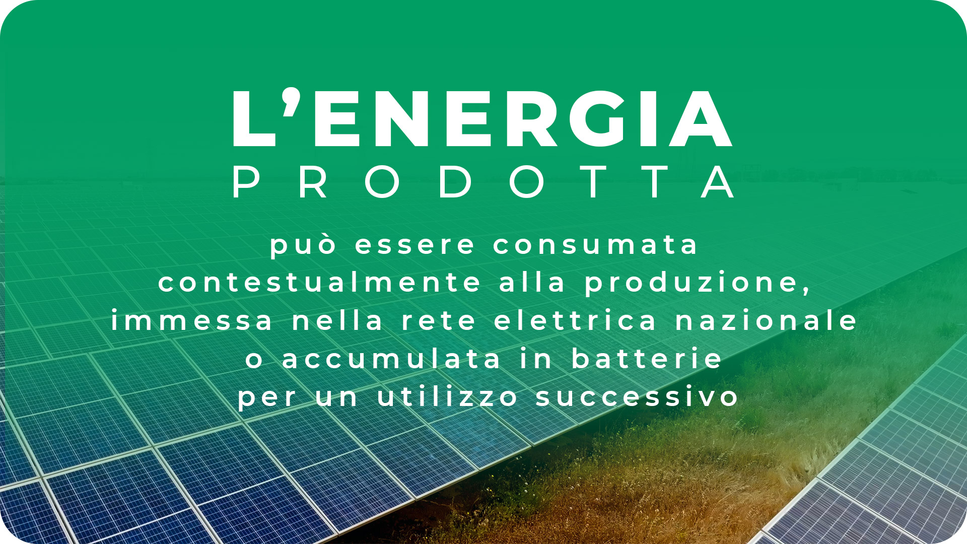 L'energia prodotta può essere consumata contestualmente alla produzione, immessa nella rete elettrica nazionale o accumulata in batterie per un utilizzo successivo.