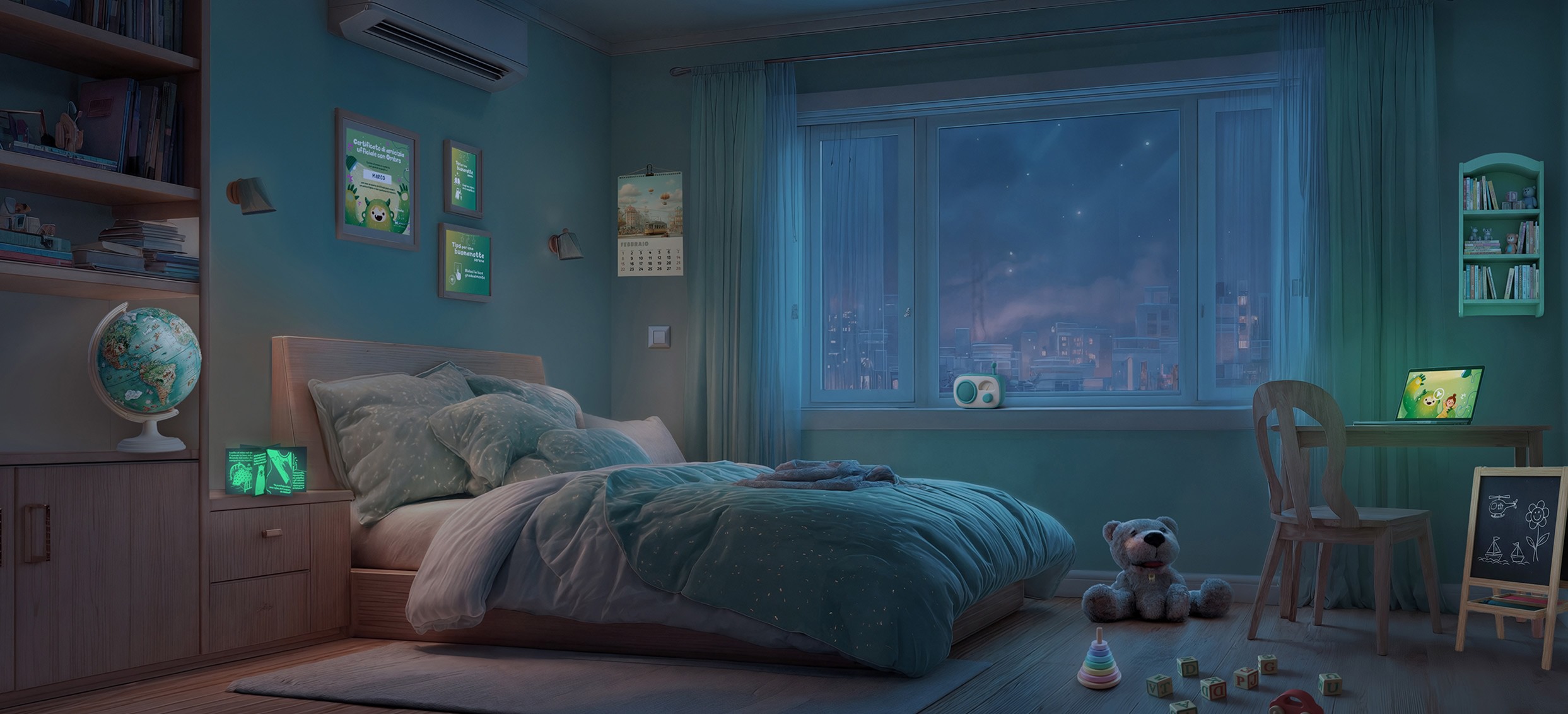 Una stanza da letto con giochi e un pc aperto, sullo schermo un cartone animato con un orso verde.