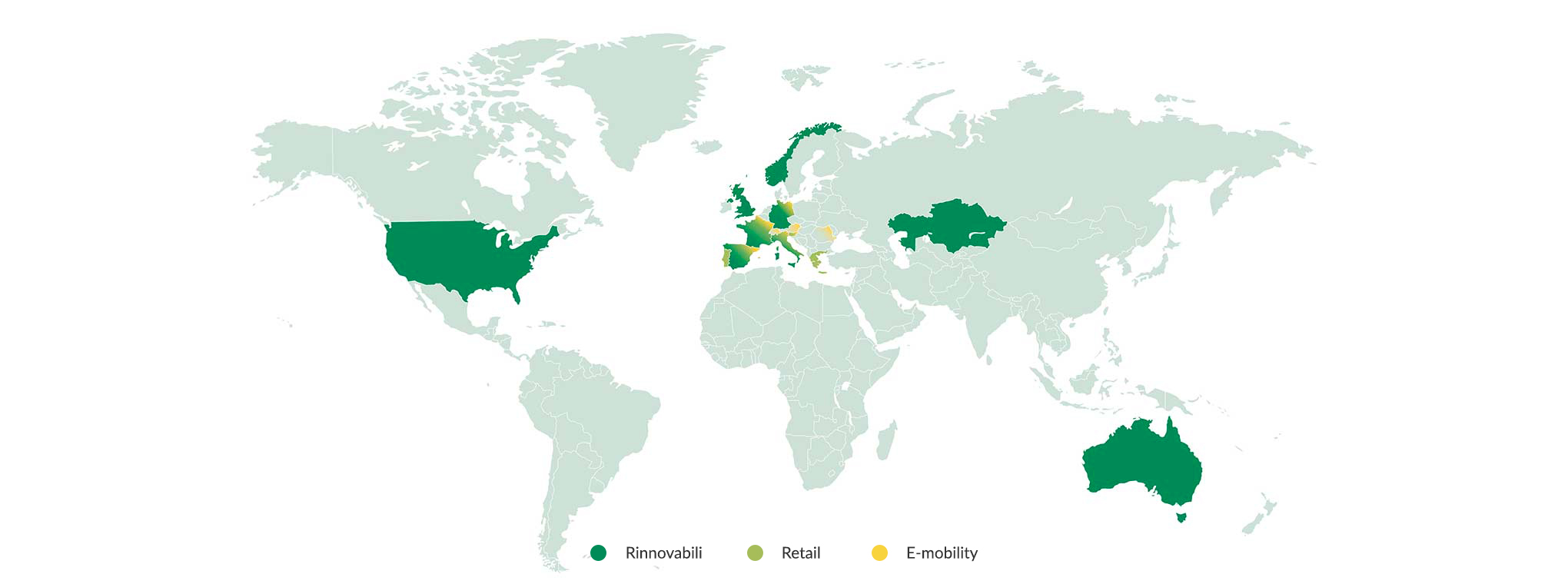 Mappa del mondo che evidenzia i Paesi in cui Plenitude opera con le proprie attività, suddivise per settore: energie rinnovabili, energia e soluzioni energetiche ed e-mobility.